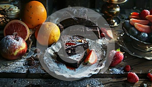 Freshness and sweetness on a rustic table food, chocolate, dessert, fruit photo