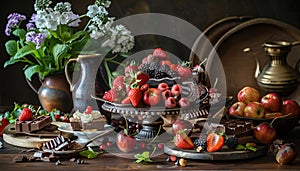 Freshness and sweetness on a rustic table food, chocolate, dessert, fruit