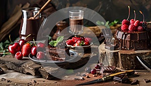 Freshness and sweetness on a rustic table food, chocolate, dessert, fruit photo