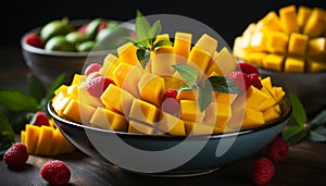 Freshness and sweetness in a summer fruit salad bowl generated by AI