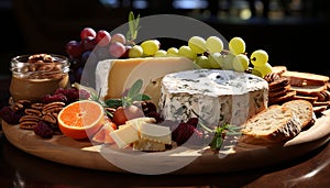 Freshness and variation on a gourmet cheese board with fruit generated by AI