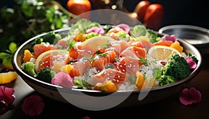 Freshness and variety on a plate salad, vegetable, seafood, fruit generated by AI