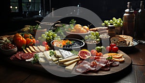 Freshness and variety on rustic table fruit, meat, bread generated by AI