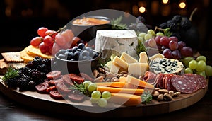 Freshness and variety on a rustic table grape, bread, meat, cheese, wine generated by AI