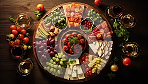 Freshness and variety on a rustic wooden table, gourmet picnic generated by AI