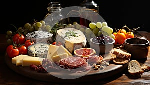 Freshness and variety on a rustic wooden table grapes, bread, fruit, Camembert, wine generated by AI