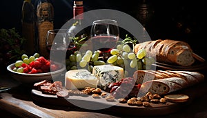 Freshness and variety on a rustic wooden table grapes, bread, wine generated by AI