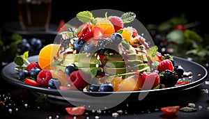 Freshness and variety on a summer plate of gourmet fruit salad generated by AI
