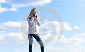 Freshness of wind. Woman fashion model outdoors. Woman enjoying cool weather. Matching style and class with luxury and