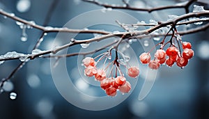 Freshness of winter close up of frozen berry on branch generated by AI