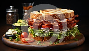 Freshness on a wooden plate grilled meat sandwich with vegetables generated by AI