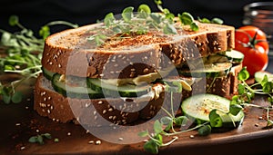 Freshness on a wooden plate grilled sandwich with healthy vegetables generated by AI