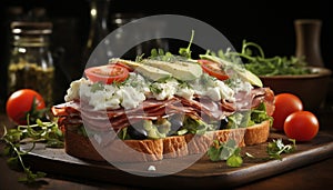 Freshness on a wooden table gourmet sandwich with prosciutto generated by AI