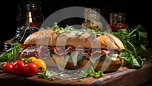 Freshness on a wooden table gourmet sandwich with prosciutto and vegetables generated by AI