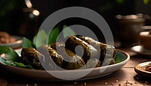 Freshness wrapped in a leaf, ready to eat gourmet dolmades appetizer generated by AI