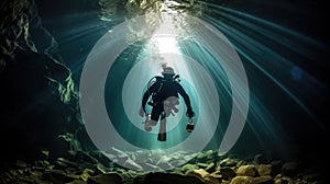 Freshwater cave diving sports photography close up with sun penetrating the cave