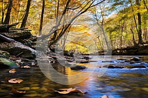 freshwater creek surrounded by autumn leaves with fly fishing gear