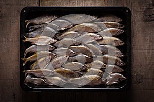 Freshwater fish in black tray