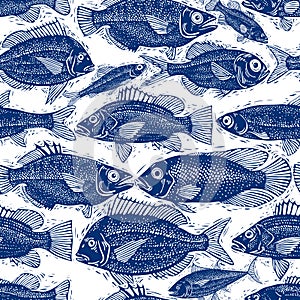 Freshwater fish endless vector pattern, nature and marine theme