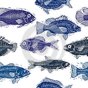 Freshwater fish vector endless pattern, nature and marine theme