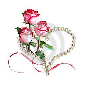 Freshwater pearls in a heart shape frame, silk ribbon and pink rose flowers