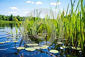 freshwater plants blossoming in a warm summer lake