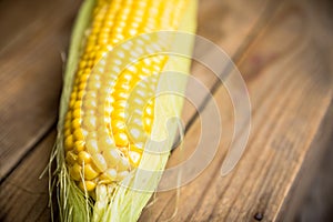 Freshy harvested corn in the wooden crate