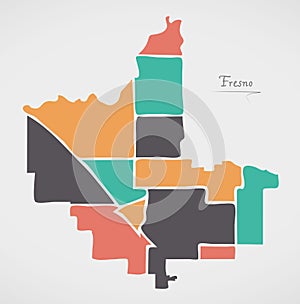 Fresno California Map with neighborhoods and modern round shapes