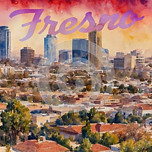 Fresno California Watercolor Skyline Postcard Image