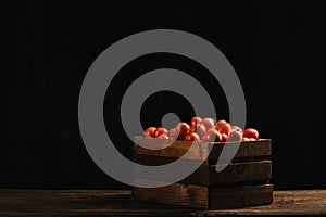 Fressh Red tomatoes box on wooden table