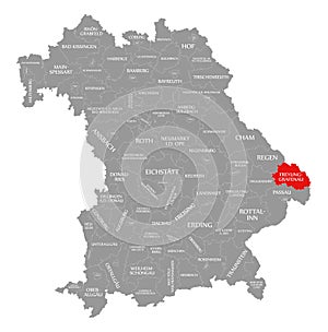 Freyung-Grafenau county red highlighted in map of Bavaria Germany photo
