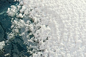 Friable texture of sparkling snow on glass