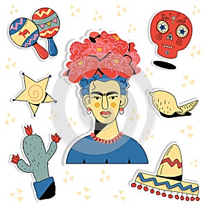 Frida Kahlo Mexican themed stickers. Set of vector stickers cactus, star, sombrero, maracas, lemon, calaca photo