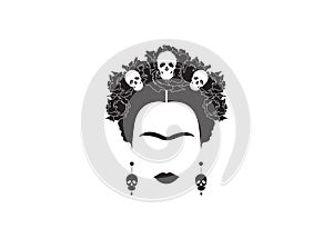 Frida Kahlo minimalist portrait with earrings and roses photo