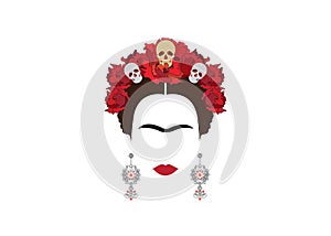 Frida Kahlo minimalist portrait with earrings and roses photo
