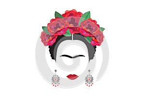 Frida Kahlo minimalist portrait with earrings and roses