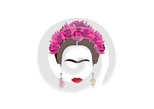 Frida Kahlo minimalist portrait with earrings skulls and flowers photo