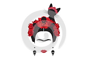 Frida Kahlo minimalist portrait with earrings skulls and flowers, whit black cat