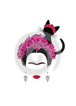 Frida Kahlo minimalist portrait with earrings skulls and flowers, whit black cat photo