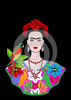 Frida Kahlo portrait with parrot, young beautiful mexican woman with a traditional hairstyle, isolated