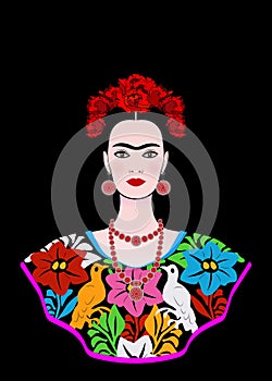 Frida Kahlo portrait red flower, young beautiful mexican woman with a traditional hairstyle, isolated