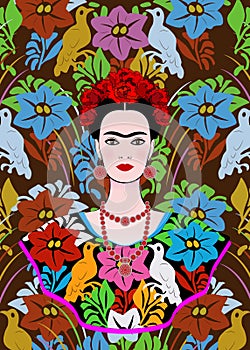 Frida Kahlo portrait , young beautiful mexican woman with a traditional hairstyle, Mexican crafts jewelry and dress