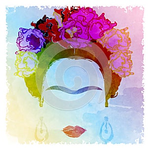 Frida Kahlo vector portrait, watercolor style , hand drawing on the wall photo