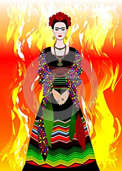 Frida Kahlo vector portrait, mexican woman with a traditional hairstyle. Mexican crafts jewelry and red flowers. Vector