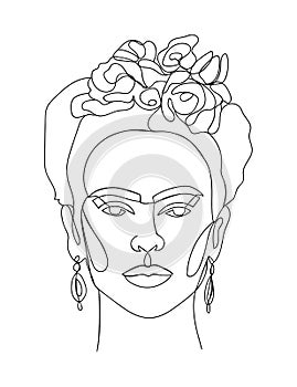 Frida Kahlo vector portrait single line sketch.