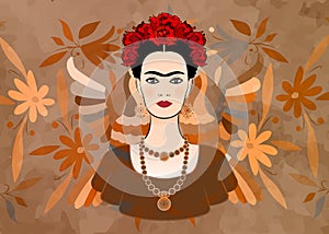 Frida Kahlo vector portrait , young beautiful mexican woman with a traditional hairstyle, Mexican crafts jewelry and dress