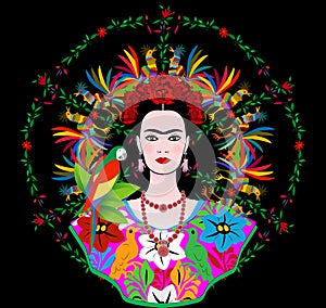 Vettore ritratto  giovane bellissimo messicano una donna tradizionale taglio di capelli messicano artigianato gioielleria un vestiti 