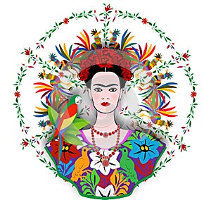 Frida Kahlo vector portrait , young beautiful mexican woman with a traditional hairstyle, Mexican crafts jewelry and dress