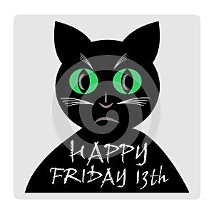 Friday 13th, red banner with black cat silhouette cartoon.