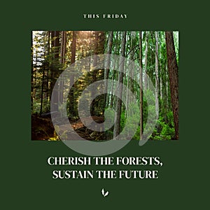This friday, cherish the forests, sustain the future text and tree trunks growing in woodland